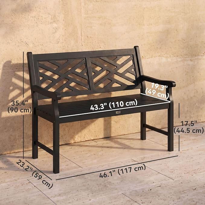 Outsunny Outdoor Garden Bench, Wooden Frame Patio Bench with Geometric Pattern, 43.25 Inch Weatherproof 2-Person Love Seat for Garden, Lawn, Porch, Yard, Work Entryway, Black