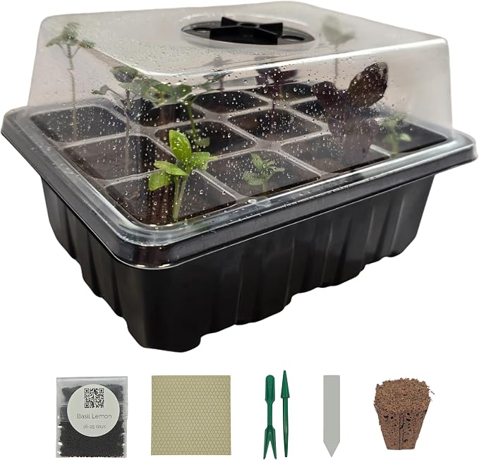 Seed Starter Kit with Humidity Dome – 12-Cell Indoor Pre-Seeded Seed Starting Tray with Marigolds & Microgreens – Complete Growing Kit with Seeds Included