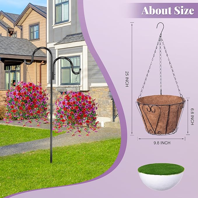 Artificial Fake Hanging Flowers Plants with Basket Spring Outdoor Decor,Faux Silk Flowers with Eucalyptus in Planter No Fade Flower in Basket for Farmhouse Home Garden Porch Patio Balcony(Red Purple)