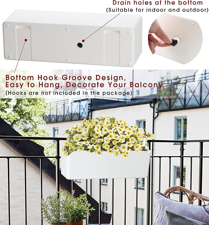 Elongated Self Watering Planter Pots 2-Pack Window Box 5.5 x 16 inch Indoor Home Garden Modern Decorative Planter Pot for All House Plants Flowers Herbs (White,2)
