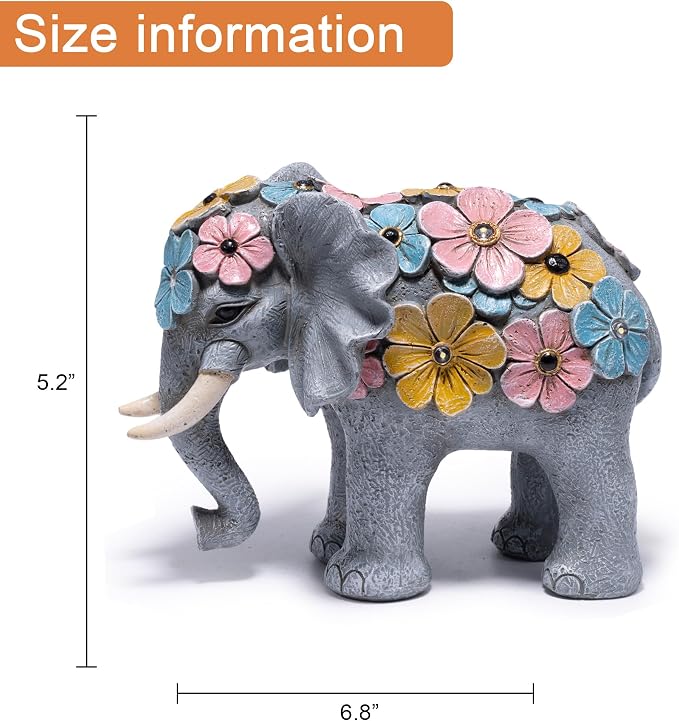 basen Solar Elephant Garden Statue Outdoor Resin Elephant Decor with Lighted Flower Accents, Solar Powered Animal Figurine for Patio Yard Lawn Porch Backyard Gifts for Women
