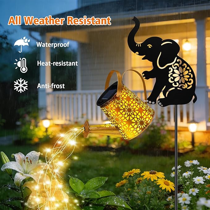 Solar Watering Can Lights, Elephant Hanging Lantern Solar Lights Outdoor, Birthday Gifts for Mom Women Mother's Day, Waterproof Garden Decor Outside Patio Yard Pathway Backyard, 2 Pack