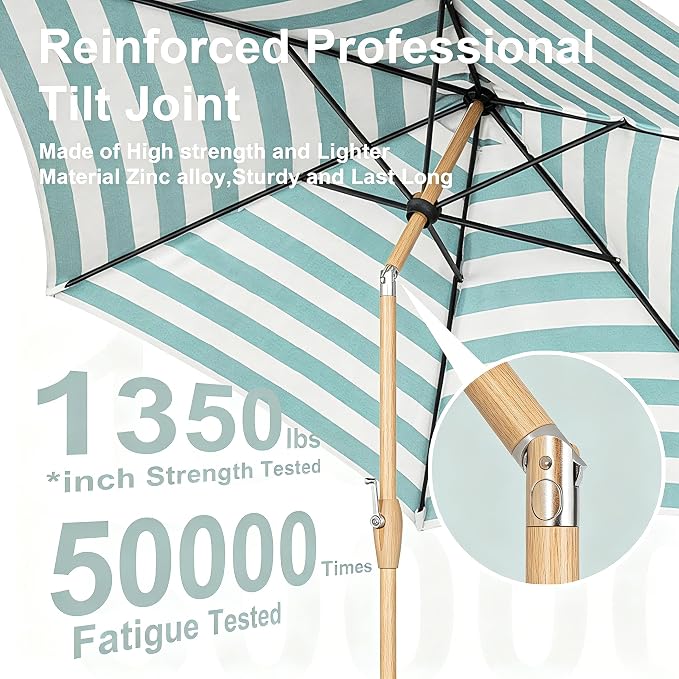 Tempera Striped Patio Umbrellas Outdoor Table Market Umbrellas with Crank & Pust Button Tilt|Auto-Tilt, 8 Steel Ribs, High Color-Fastness Canopy