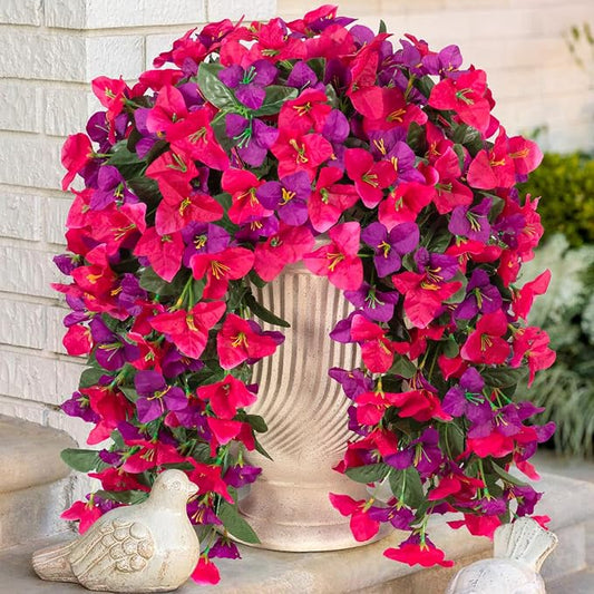 INXUGAO 2 pcs Artificial Faux Bougainvillea Flowers Plants for Outdoor Outside Summer Decoration, Fake Silk UV Resistant Long Trailing Vines for Front Door Porch Planter Balcony (Rose Deep Lotus)