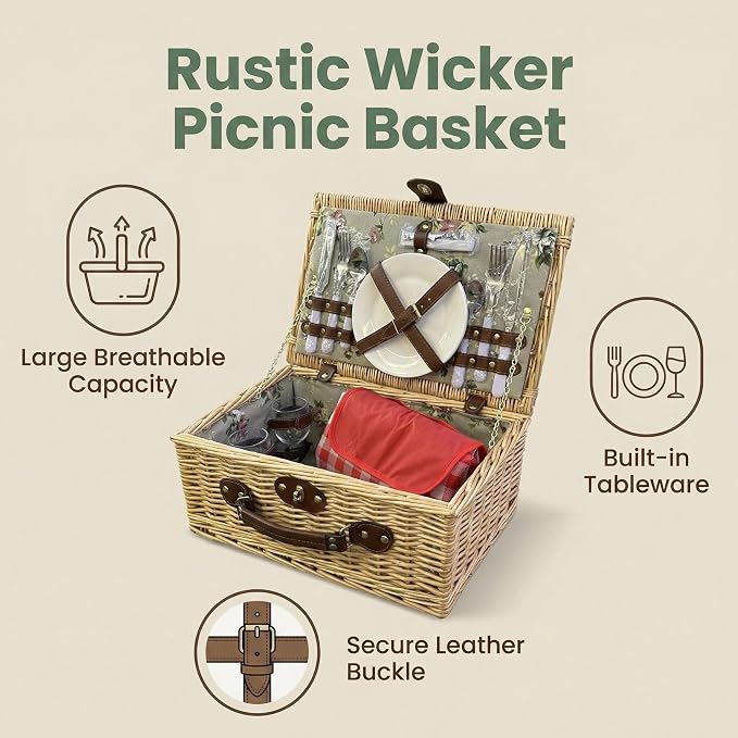 Multifunctional Wicker Picnic Basket Set for 2 Adults with Picnic Table and Blankets,Large Insulated Picnic Set with Wine Pouch and Full Tablewares for Camping Outdoor Couples Beach Wedding Flower