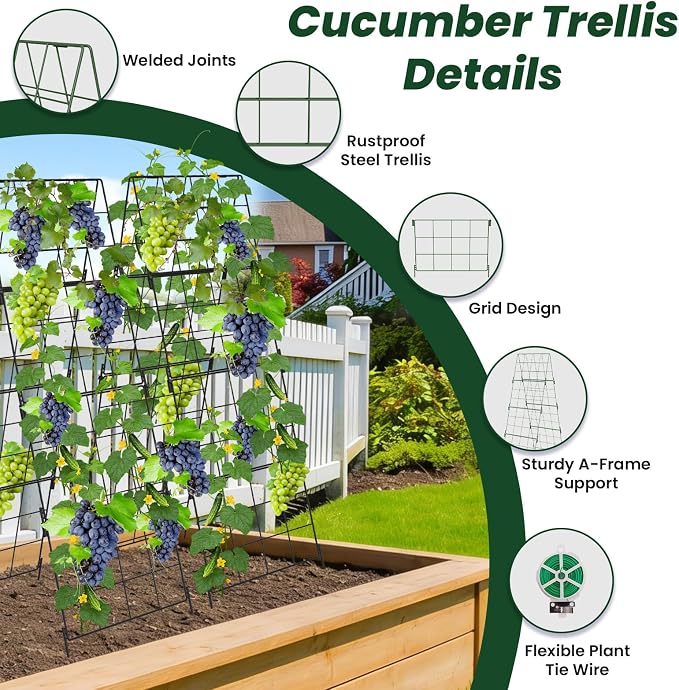 Adjustable A-Frame Trellis for Climbing Plants Outdoor, 48"x32" Cucumber Trellis for Raised Bed, Metal Garden Trellis with Grid Design, Tomato, Grape, Bean, Pea, Squash, Vegetable Trellis (Black)