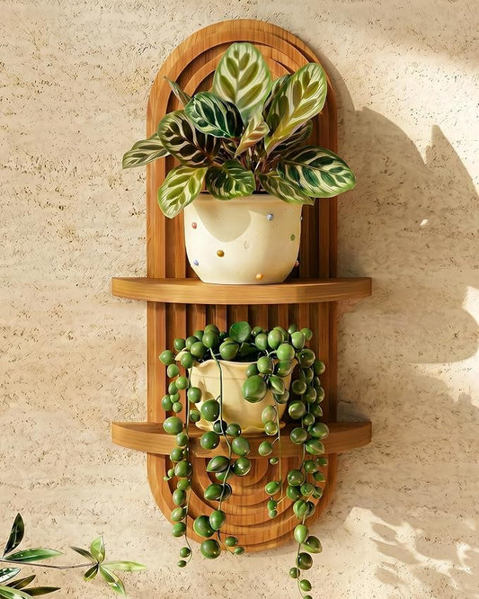 Bamworld Boho Wall Decor Brown Plant Wall Shelf Mid Century Modern Decor Hanging Plant Shelf 22in 2 Tier Wooden Floating Shelves Brown