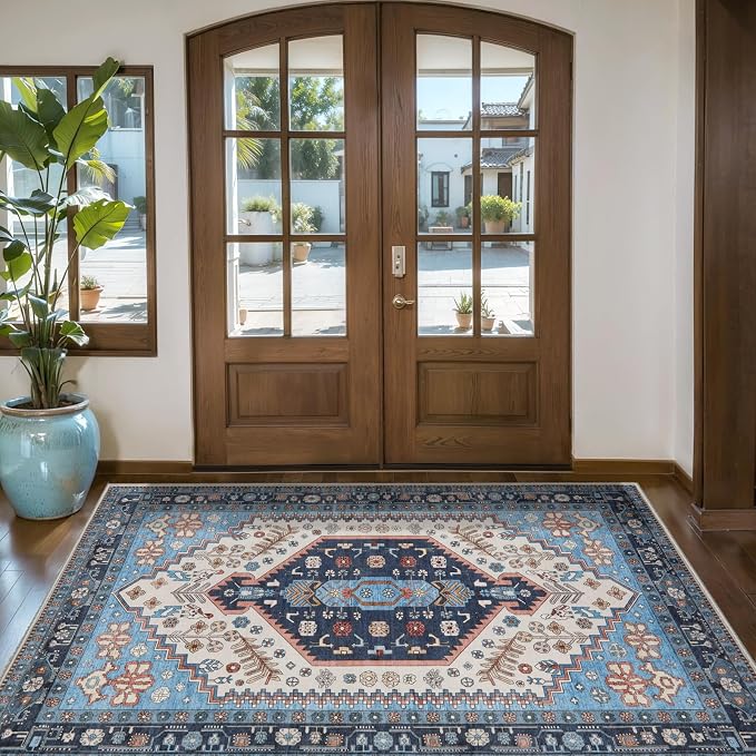 Ciicool Washable 3x5 Area Rug,Boho Non-Slip Indoor Mat for Entryway Kitchen | Oriental Low-Pile Soft Vintage Boho Indoor Entry Carpet for Bedroom Bedside Living Room Laundry Dining Room