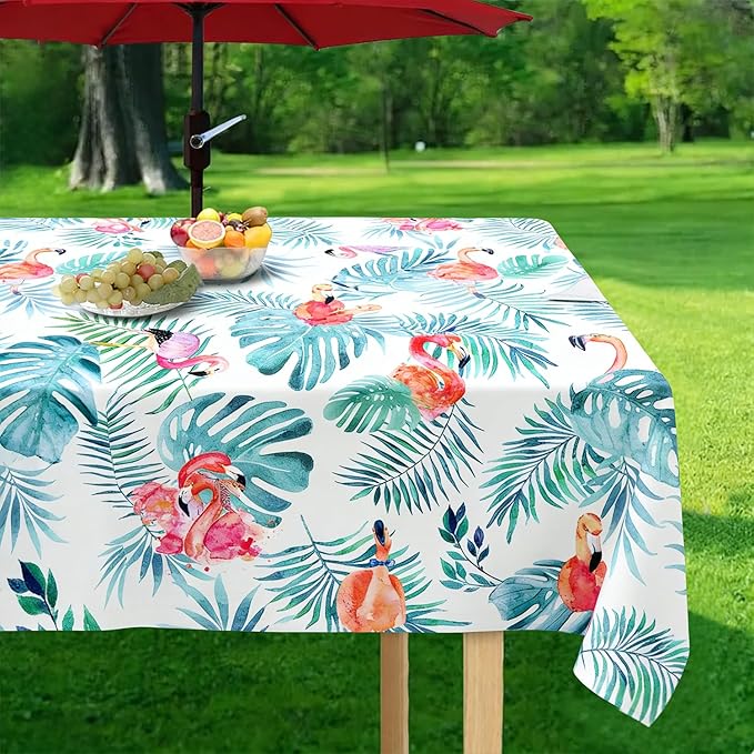 Outdoor Tablecloth with Umbrella Hole and Zipper, Rectangle Patio Table Covers for Spring/Summer, Machine Washable Outdoor Picnic Table Cloth (Flamingo, 60" × 102" Rectangular)