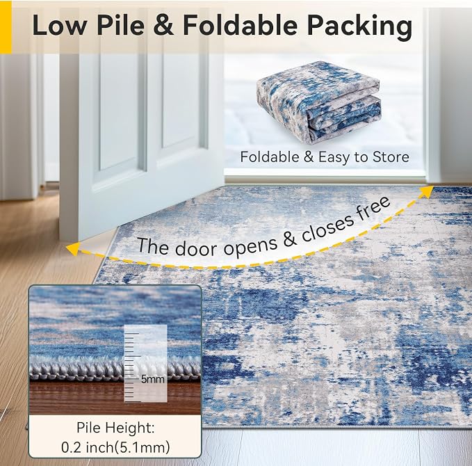 RELEANY Washable Round 4ft Area Rug for Living Room Blue Gray | Carpet for Bedroom, Kitchen, Office, Hallway and Entryway, Printed Pattern, Non‑Slip, Soft, Stain‑Resistant, Easy to Clean