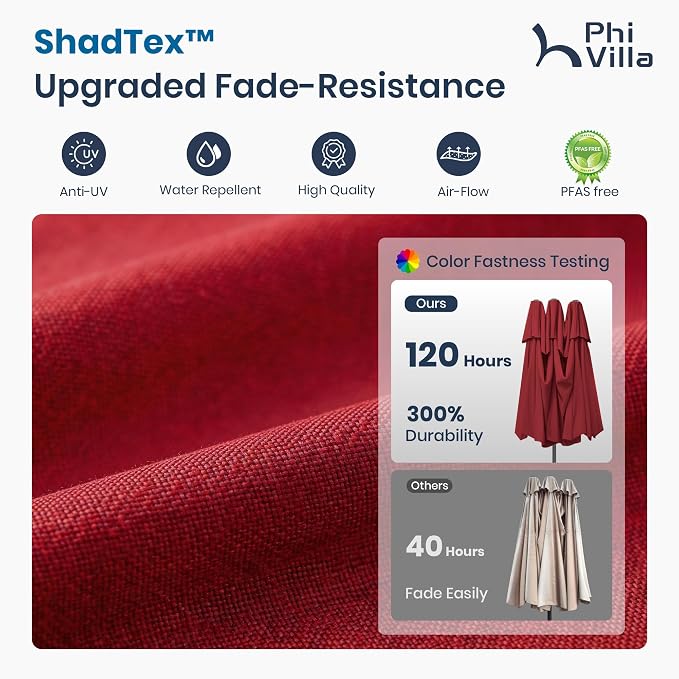 PHI VILLA 13ft Patio Umbrella with Solar-Powered 120 PCS LED Color-Changing Lights, Triple-Head Large Rectangle Umbrella Outdoor Patio for Table with Crank Lift,Dark Red(No Base)