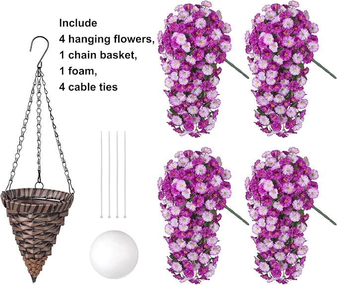 Artificial Fake Hanging Flowers Basket for Outdoor Indoor Decoration,UV Resistant Faux Silk Light Fuchsia and Fuchsia Morning Glory Flowers Plants Realistic Hanging Planter for Outside Home Porch Yard