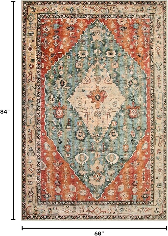 Lahome Felice Boho Tribal 5x7 Washable Living Room Bedroom Rug, Oriental Soft Dining Room Rugs for Under Table, Large Distressed Printed Carpet for Entryway Kitchen Playroom (Rust/Dull Teal,5x7ft)
