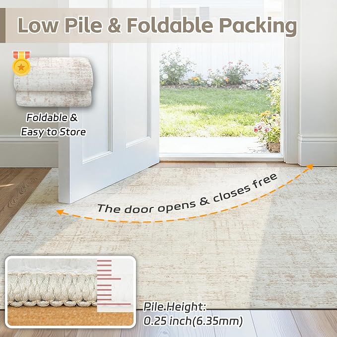 6x9 Washable Area Rug for Living Room Bedroom: Non-Slip Modern Beige White | Machine Washable TPR Backing, Stain-Resistant Low Pile, Pet & Kid Friendly, Abstract Decor for Dining Room, Dorm, Home Office