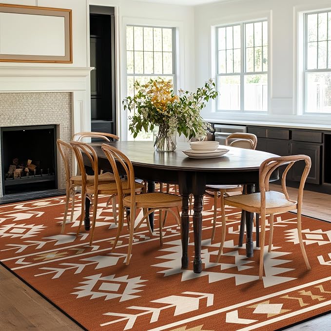 8x10 Area Rug for Living Room Western Rug Southwestern Aztec Tribal Rugs Southwest Navajo Machine Washable Non-Slip Printed Low-Pile Floor Carpet for Bedroom Dining Room Office, Yellow Brown
