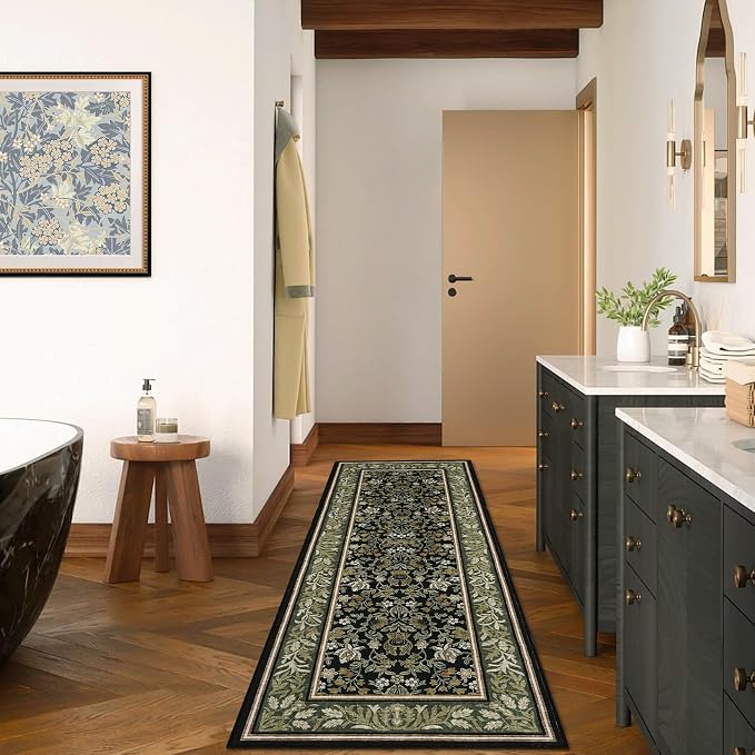 GarveeHome 2.5x10 Runner Rug Non Slip Washable Hallway Runners Green Black | Boho Vintage Runner Rugs with Rubber Backing Soft Low-Pile Stain Resistant Indoor Long Carpet for Kitchen Entryway Bedroom