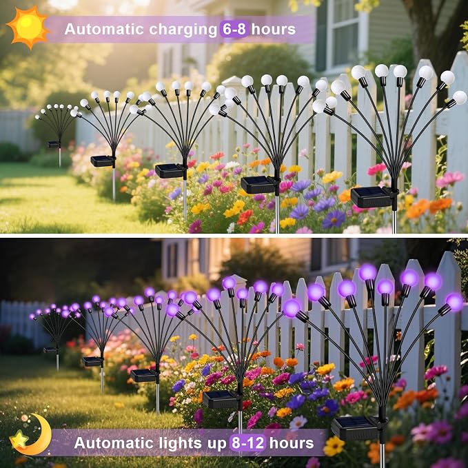 ZFNN Solar Garden Lights Outdoor, 4 Pack Firefly Swaying Lights Purple, Waterproof 4 Pack 24 Heads Garden Decor for Yard Patio Pathway Lawn, Gardening Gifts for Women Christmas Decoration