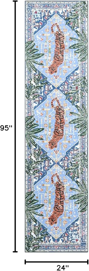 Oriental Tropical Hallway Runner Rug 2x8 Washable, Thin Stain Resistant Blue Boho Runner Rug for Entryway Kitchen Bedroom Laundry, Vintage Abstract Hippie Indian Botanical Long Floor Carpet