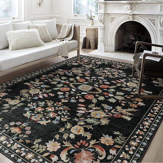 8x10 Area Rugs Washable Floral Rug Non Slip Ultra-Thin Large | Machine Washable Throw Carpet for Living Room Dining Room Bedroom Floor Indoor Low Pile Boho Vintage Black