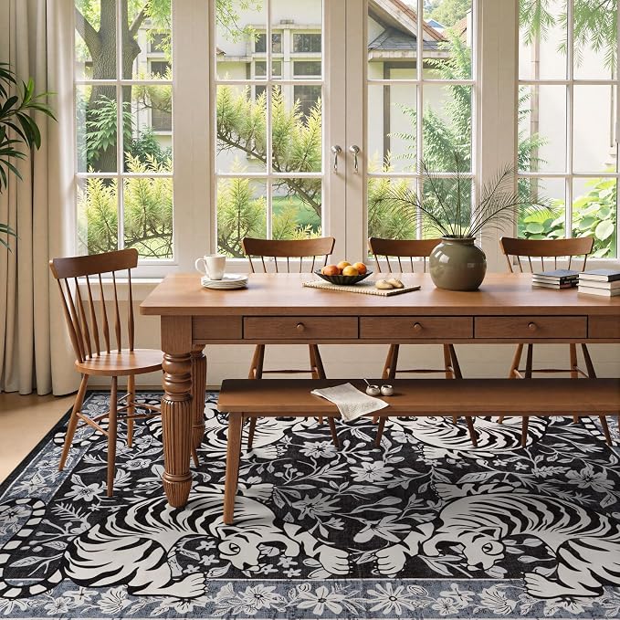 LIVEBOX Tiger Washable Rugs for Living Room, 8x10 Boho Bedroom Rug Non-Slip Jungle Floral Area Rug, Soft Stain Resistant Vintage Western Animal Floor Carpet for Dining Room Home Office Dorm (Black)