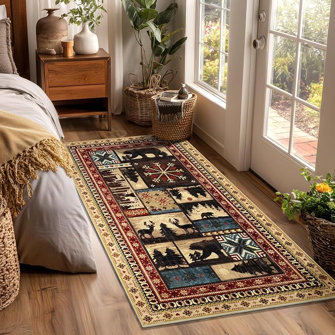 LOKHOM 3x6 Hallway Runner Rug, Non Slip Washable Western Cabin Bear Rugs | Bear Pattern, Low Pile Soft Kitchen Rug, Vintage Wildlife Accent Carpet Runner, For Laundry Bedroom Entryway Nursery