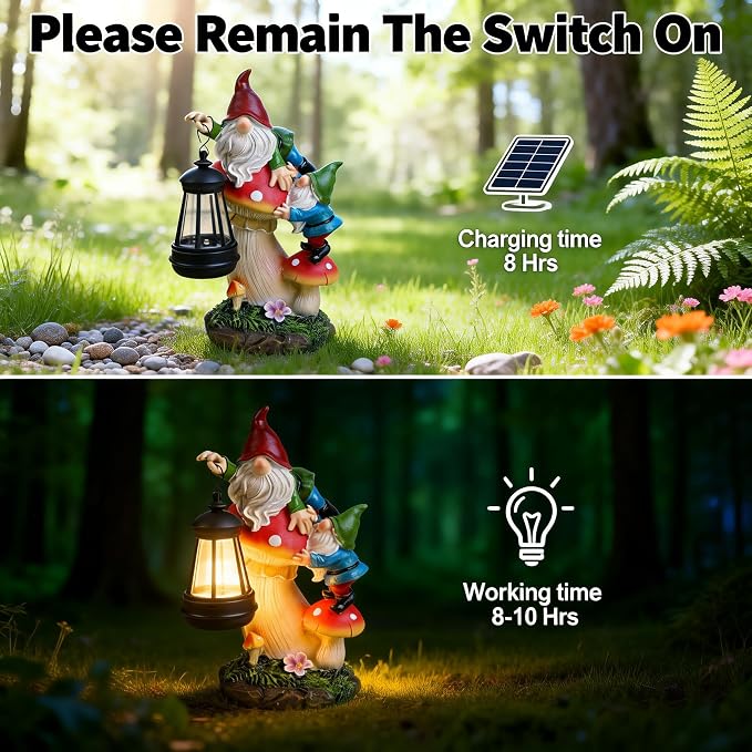 Solar Gnome Garden Statue with Mushroom Lights for Outdoor, Waterproof Garden Gnomes Decor for Yard Lawn Balcony, Cute Gnome Figurine Lights for Patio Decor, Ideal Gift for Garden Lovers & Homeowners