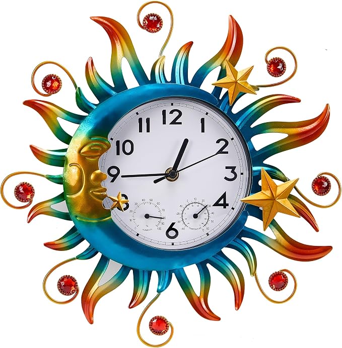 Sun and Moon Outdoor Clocks for Patio Waterproof, Outdoor Wall Clock Thermometer Combo, 13 Inch Silent Non-ticking Decorative Clock with Temperature, Decor for Garden, Living Room and Kitchen