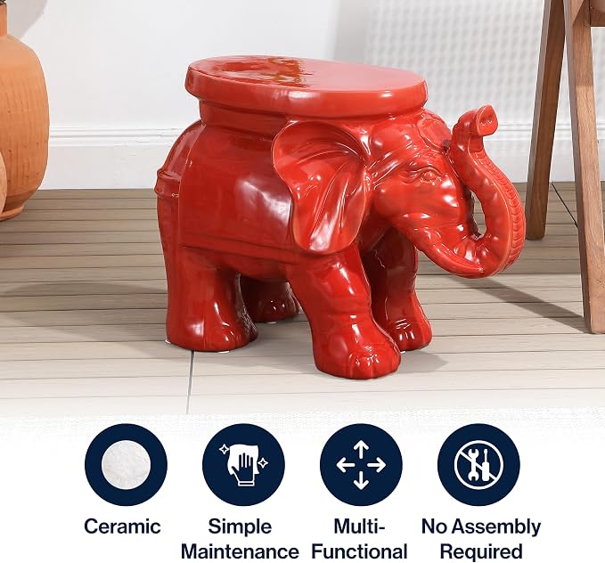 JONATHAN Y White Elephant 14.25" Glazed Ceramic Elephant Garden Stool, Weather-Resistant Indoor/Outdoor Patio Side Table and Plant Stand, Bohemian, Red TBL1007B