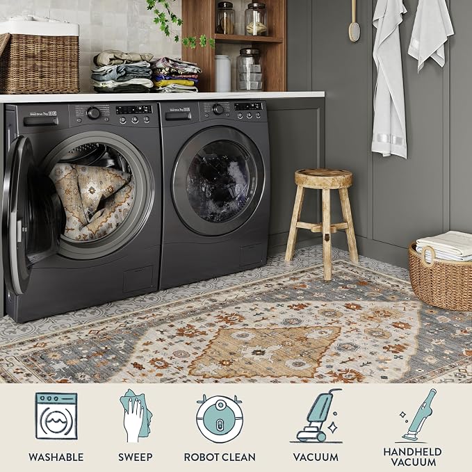 Lahome Felice 3x5 Rugs for Entryway, Machine Washable Kitchen Area Rug Non Slip Bedroom Rug, Oriental Vintage Soft Kid Pet Friendly Printed Indoor Throw Carpet for Bedside Bathroom Decor, Gold
