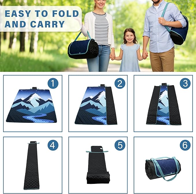 Tirrinia Picnic Blanket Waterproof, 70"x80" Extra Large Outdoor Blanket Waterproof, 3-Layer Foldable Picnic Mat with Sandproof Backing for Beach, Camping, Hiking, Park, Travel