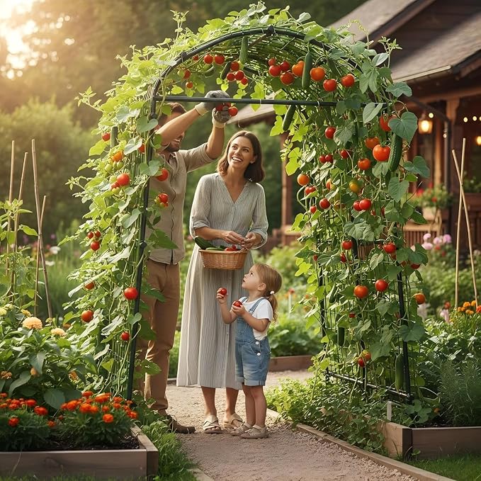 Garden Arch Trellis for Raised Beds, 7.3 FT Metal Cucumber Trellis with Plastic Connectors, u-Shape Plant Support for Climbing Vegetables & Flowers, Weather-Resistant Black