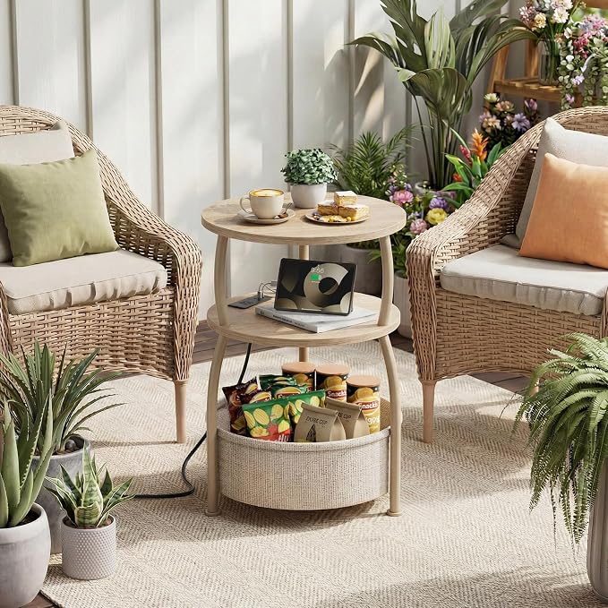 Round Side Table with Charging Station, USB Type C Port, Oak | End Table with Power Outlet,15.75 in Small Round Table with Basket, Space Saving, 3-Tier Small Table for Bedside, Sofa