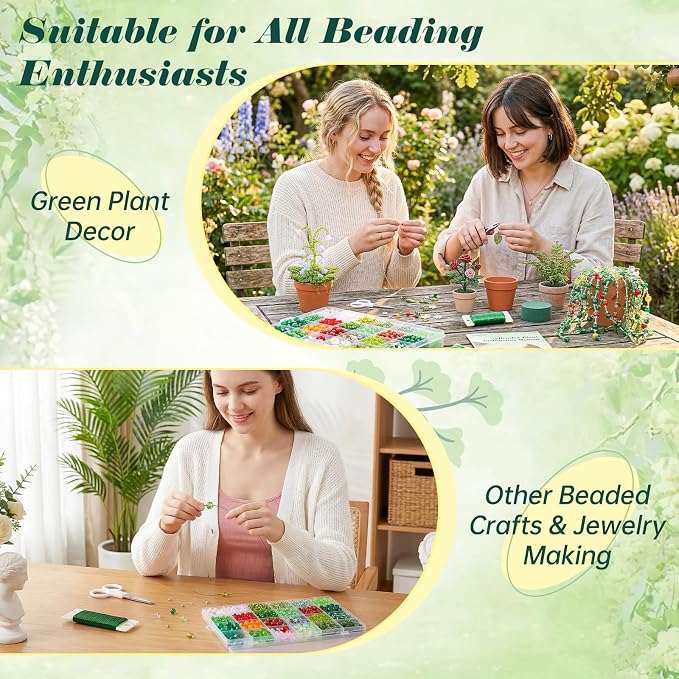Ecoofor Green Beads Beaded Plant Kit DIY Plant Kit, Green Glass & Crystal Leaf Beads, Video Tutorials, Desk Gifts, Handmade Gifts for Plant Lovers
