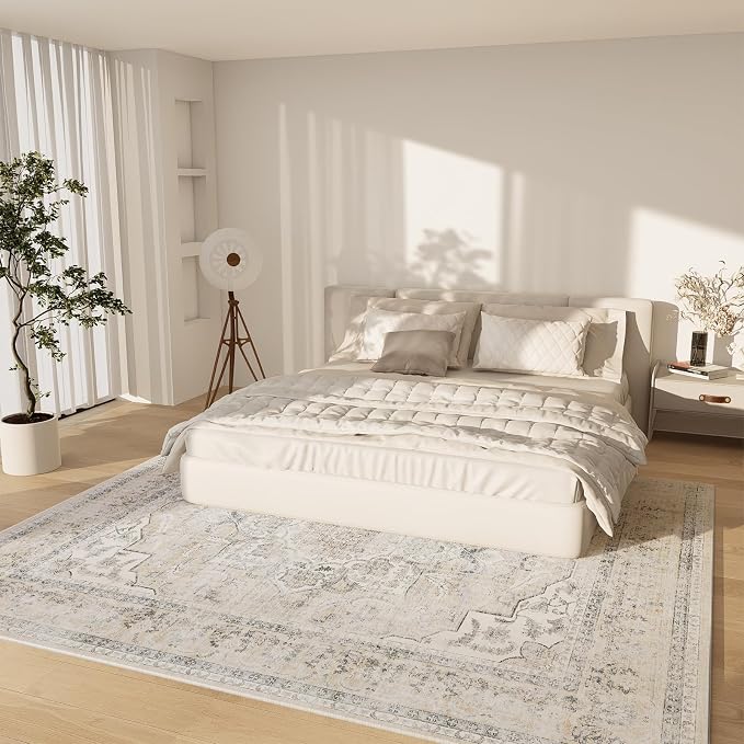 6x9 Area Rugs for Living Room: Washable Bedroom Rug Non Slip Low Pile Soft Faux Wool Non Shedding Distressed Vintage Boho Large Carpet for Dining Room Under Table Nursery Entryway Office Farmhouse