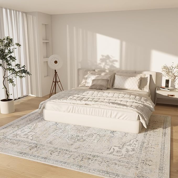 Area Rugs 9x12 Living Room: Washable Rugs for Bedroom Non Slip Low Pile Soft Faux Wool Non Shedding Distressed Vintage Boho Large Carpet for Dining Room Under Table Nursery Entryway Office Farmhouse