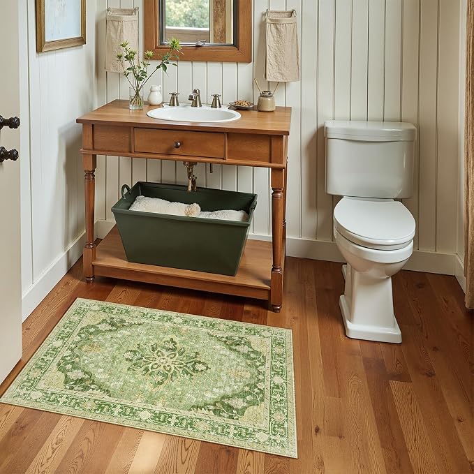 RELEANY Washable Area Rug, Small 2'x3', Green/Yellow | Non-Slip, Water Repellent, Pet Friendly, Easy to Clean, Vintage Floral Boho Decor for Kitchen Entryway Bathroom