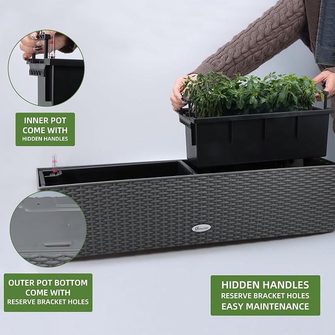 Dexceder 31.5 Inch Self Watering Rail Window Box with Bracket (Deep Gray) | Thickened Large Rattan Planter Flower Plant Pot with Water Level Indicators Indoor Outdoor