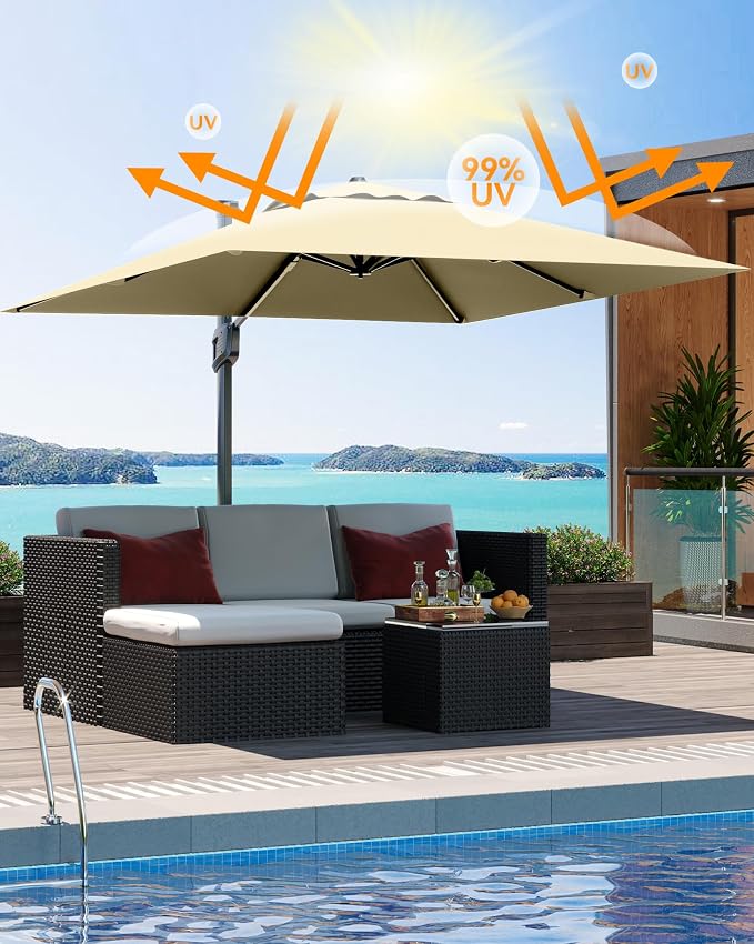 PeakPursuit 10' x 10' Square Cantilever Umbrella - Heavy Duty Aluminum Patio Sun Shade Offset Umbrella with 360-Degree Rotation for Outdoor Decor, Backyard, Deck, Pool