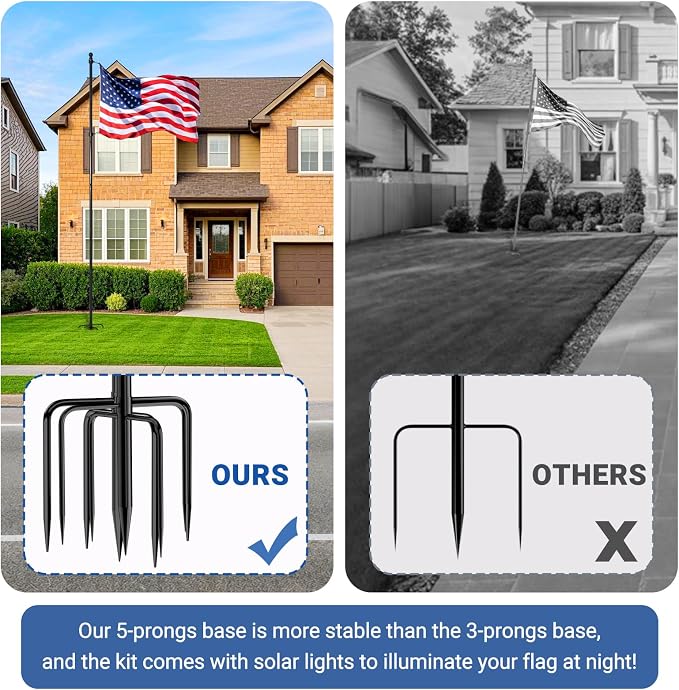ZMTECH 7 FT Flag Pole with 5Pronges Base in Ground for Yard,Tangle Free Spinning Stainless Steel Flag Pole Kit, Windproof Extra Thick Flag Poles for 4x6 USA Flag Outside House Residential & Commercial