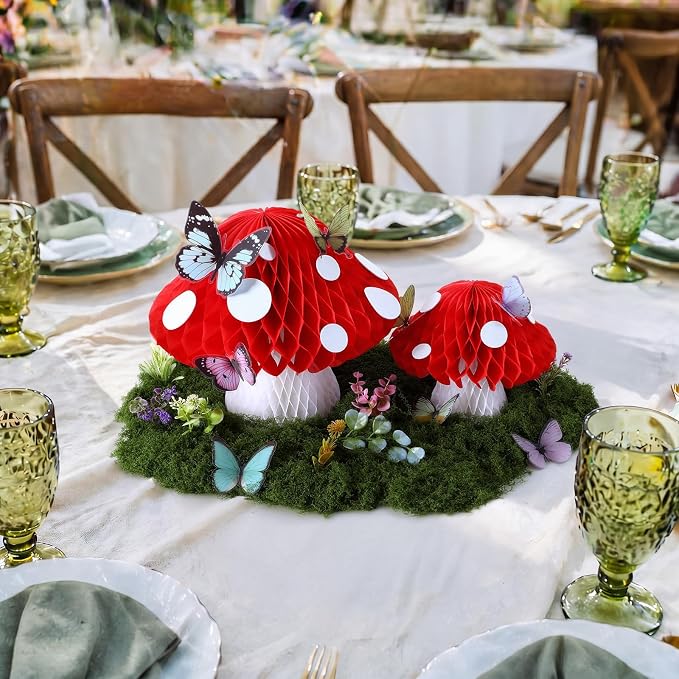 Fairy Garden Accessories Kit Set Include 6 Large 3D Forest Mushroom Honeycomb Table Centerpiece Decor, 20 Fake Flowers Plants, 3.5oz Moss, 36 Butterflies for Fairy Garden Birthday Party Decor
