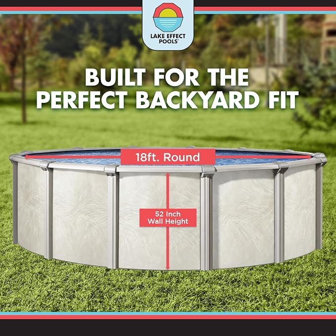 Lake Effect Pools 'Fallston' 18 ft Round Above Ground Swimming Pool | 52 Inch Steel Side Walls | Kit Includes: 25 Gauge Overlap Liner & Widemouth Skimmer