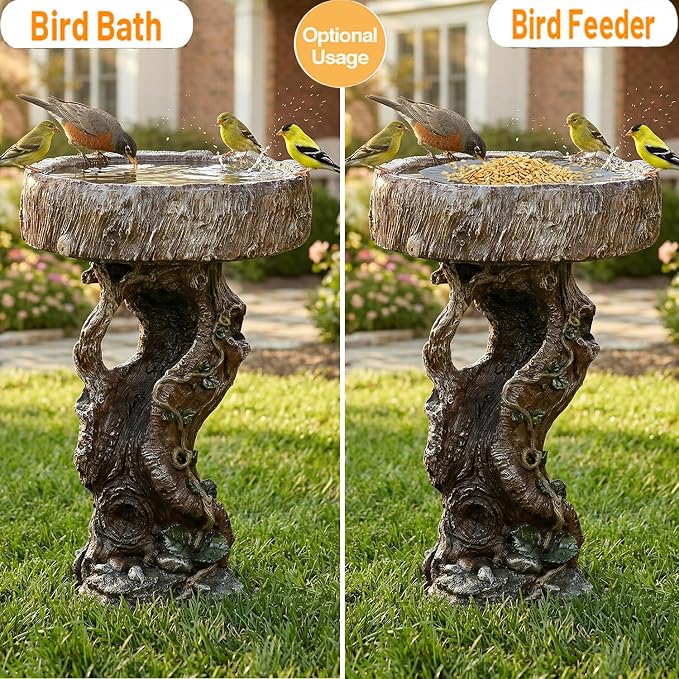 Hamiedun Bird Baths for Outdoor - 24.4" Tall Pedestal Resin fiber - Outdoor Standing Birdbath, Woodland Tree Trunk Decoration Yard Statue，Pedestal Birdbaths for Outdoors, Garden, Patio, Lawn, Backyard (24.4''H)