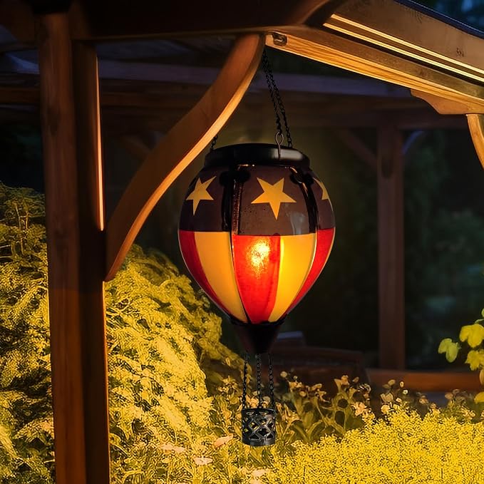 Glass Solar Hot Air Balloon Lantern with Flame Hanging Garden Flickering Light Outdoor Waterproof for Yard Patio Tree 4th of July Decorations, Flag-C