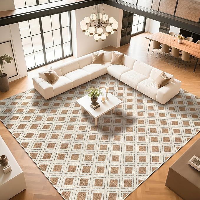 LBRO2M Machine Washable Rug Soft Pet Friendly Carpet 8X10 Brown | Checkered Rug 8X10 for Living Room, Bedroom, Dining Room, Home Office, Non Slip Carpet, Foldable Stain Resistant Rugs