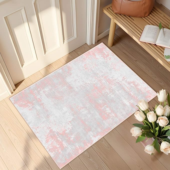 Latte&Fog Washable Entryway 2x3 Pink Area Rug Modern Abstract Kitchen Rug | Low Pile Non Slip Soft Throw Rug Doormat for Entrance Bathroom Laundry Bedroom Nursery Playroom Hallyway Dorm Decor Office