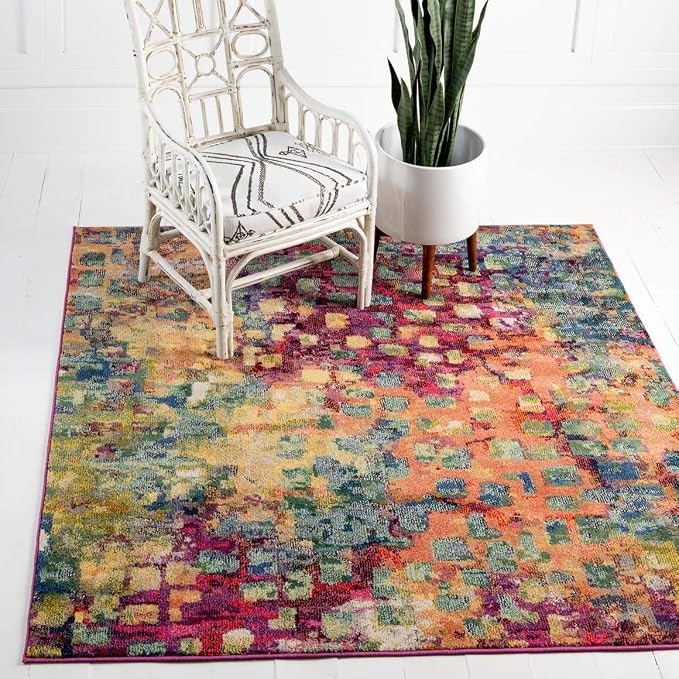 Unique Loom Jardin Collection Colorful, Vibrant, Abstract, Modern Area Rug (6' 0 x 6' 0 Square, Multi/ Blue)