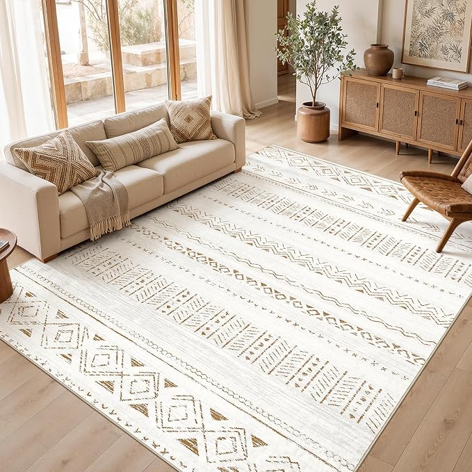 cotiled Boho 10x14 Area Rug for Living Room: Large Moroccan Washable Rug | Stain Resistan Carpet for Bedroom Farmhouse Brown Cream