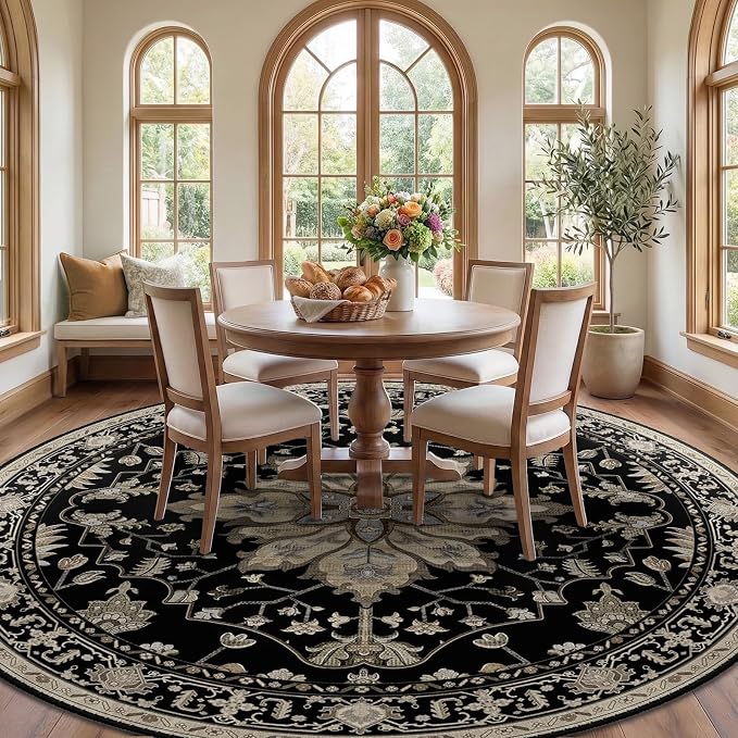 RELEANY Washable Area Rug, Round 10ft, Black/Neutral | Non-Slip, Water Repellent, Pet Friendly, Easy to Clean, Vintage Floral Boho Decor for Living Room Bedroom Dining Room