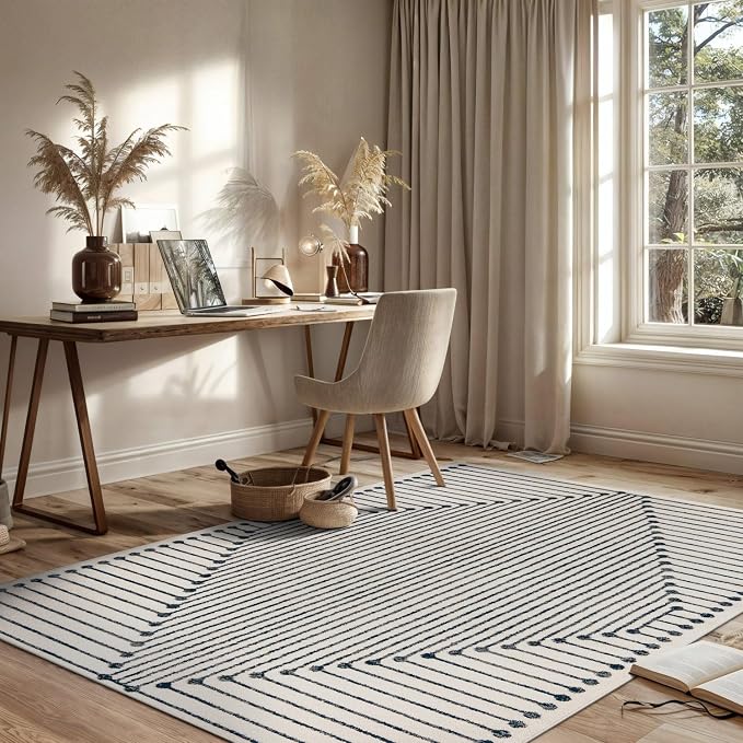 Rugshop Contemporary Bohemian Stripe Area Rug 5' x 7' Cream | Jute Backing, Soft Medium Pile, Stain Resistant, No Shedding, Bedroom, Home Office, Dining Nook, Kids Room, Guest Room