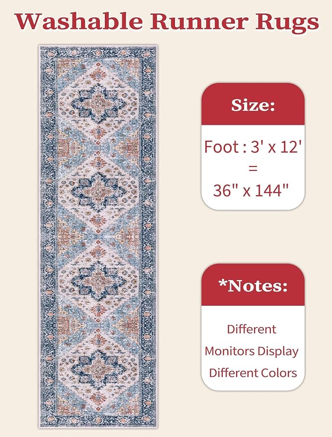 SERISSA 3x12 Washable Non Slip Boho Runner Rug for Hallway，Blue Orange | Ultra Soft Vintage Oriental Carpet Low-Pile Tribal Floor Carpet for Stair Kitchen Bedroom Bathroom Laundry Room